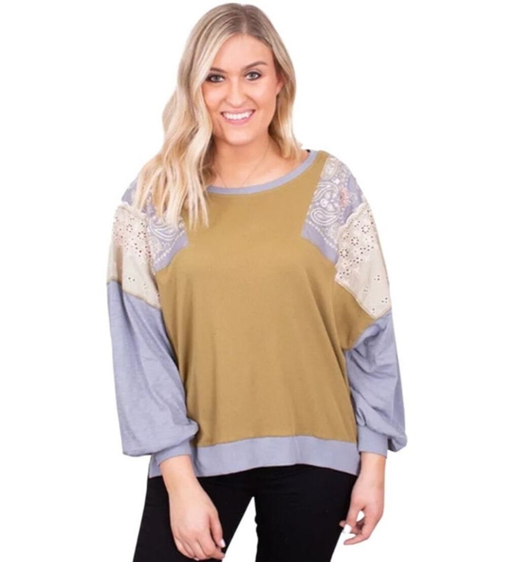 Free People Olive Green Patchwork Boho Oversized Blouse Top Size Small